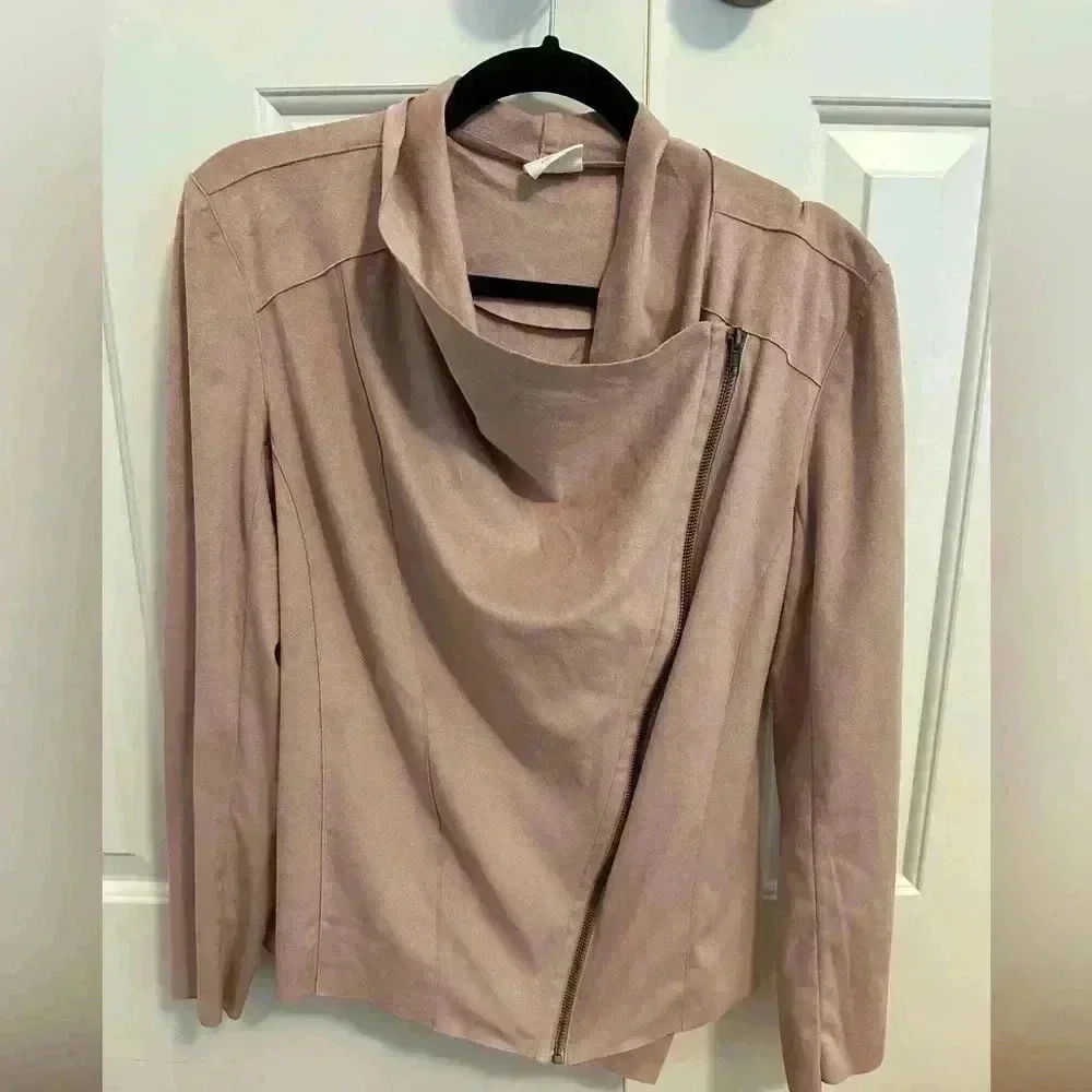 Mote Blush Pink Faux Suede Asymmetric Full-zip Raw Cut Lightweight Moto Jacket M - Picture 5 of 8